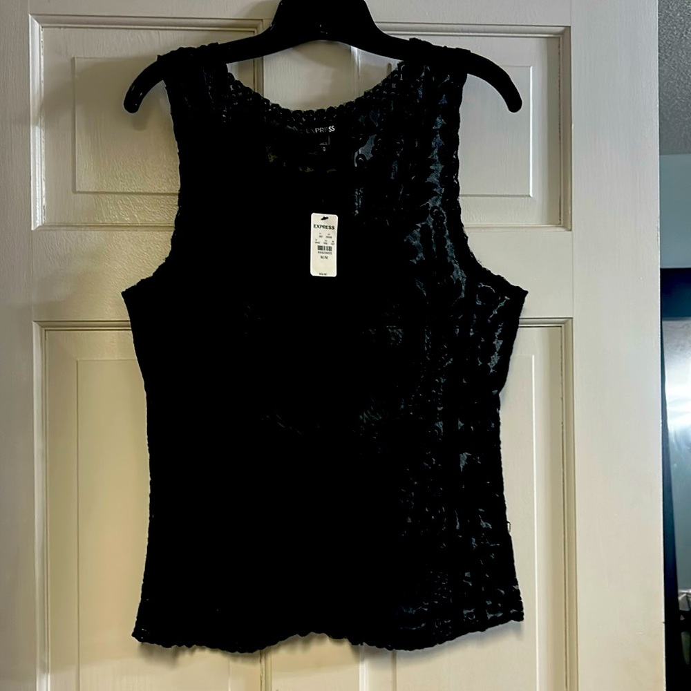 Sleeveless top, sheer embroidered lace, size M